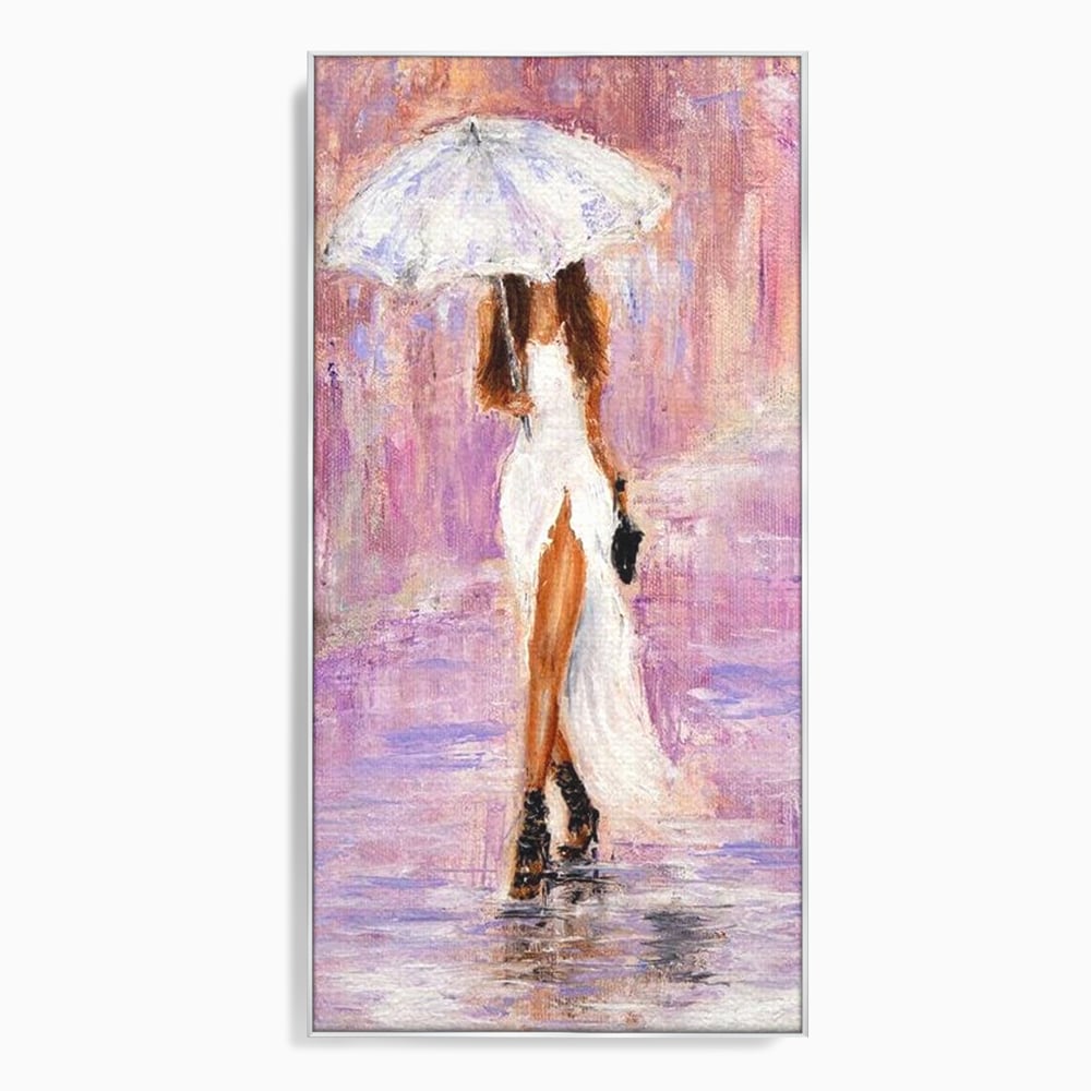Tablou canvas cu pictura cu femeie si umbrela alba, in rama de aluminiu argintiu